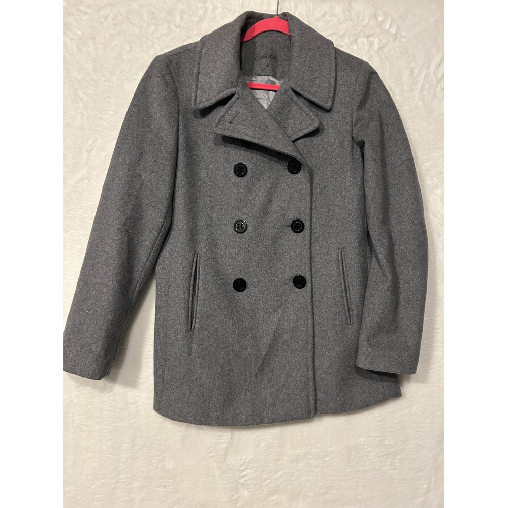 Calvin Klein Womens Grey Wool Blend Double Breasted Peacoat Jacket Size 8